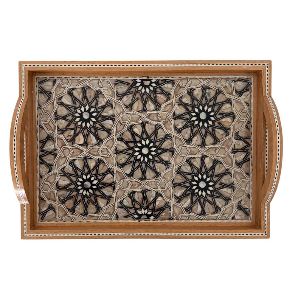 Wooden Mosaic Geometric Design Mother of Pearl Inlay Design Serving Platter Tray